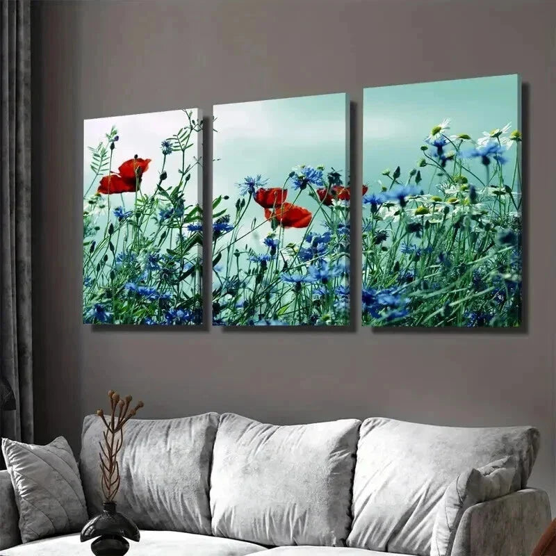 3pcs Beautiful Red Poppy and Blue Flower Wall Art Set Canvas Framed 40x60cm - High Quality Print 100% Australian Made Wall Canvas Ready to Hang