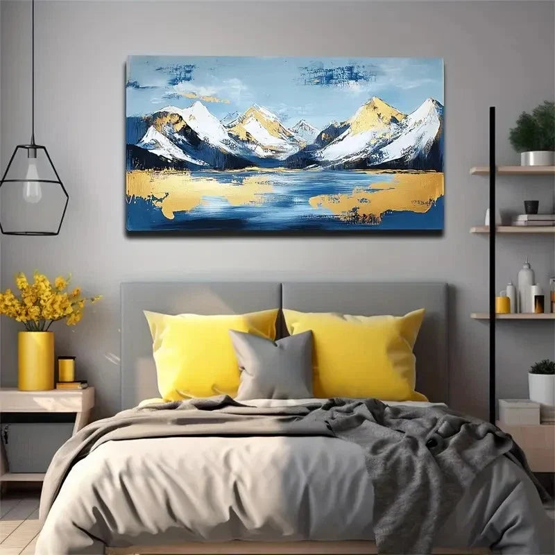 Blue Golden Abstract Landscape Wall Art Canvas Office Home Room Framed 120x60cm