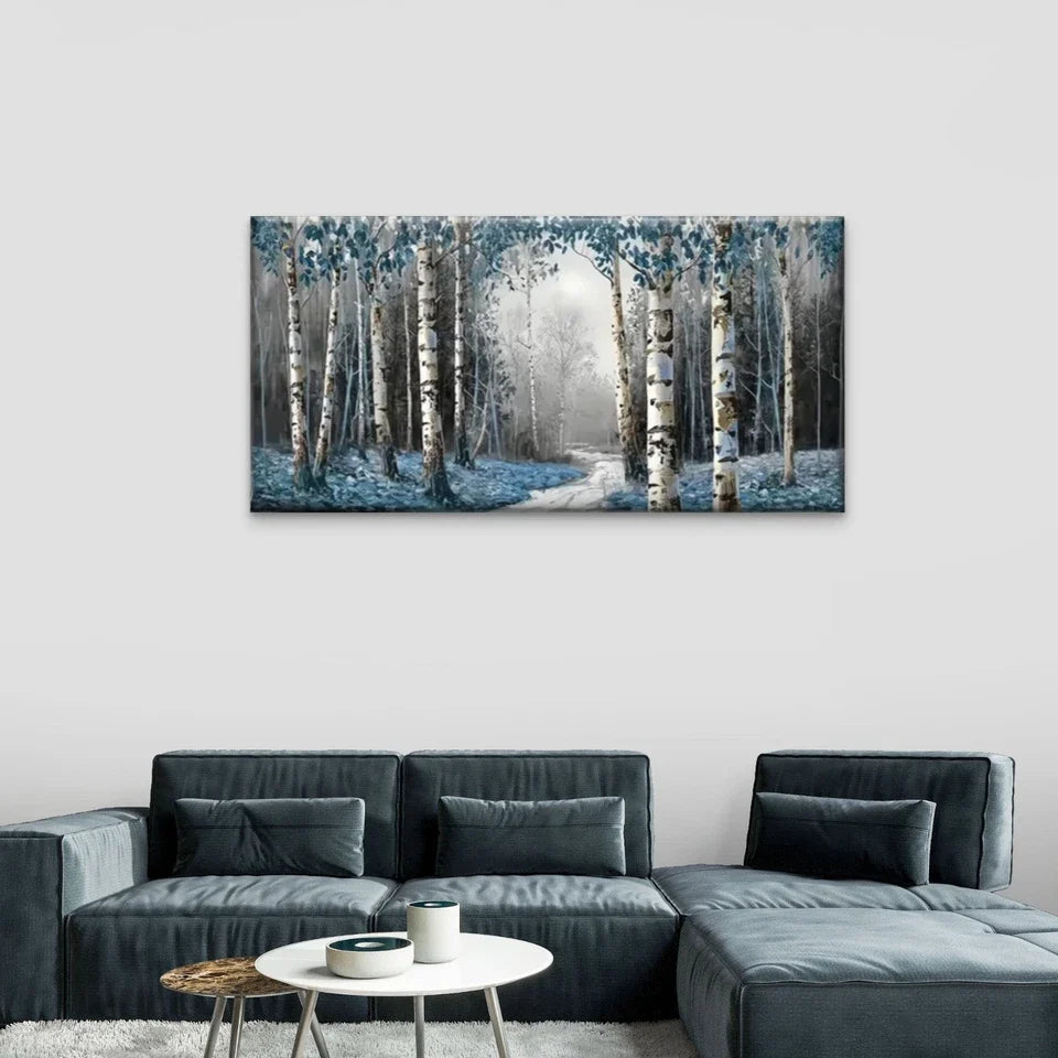 Blue Leaf Forest Nature Wall Art Canvas Office Home Room Framed 80x45cm
