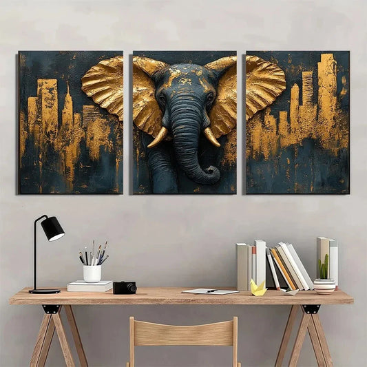 3pcs Abstract Animal Theme Golden Accents Metal Print Ready to Hang Art
