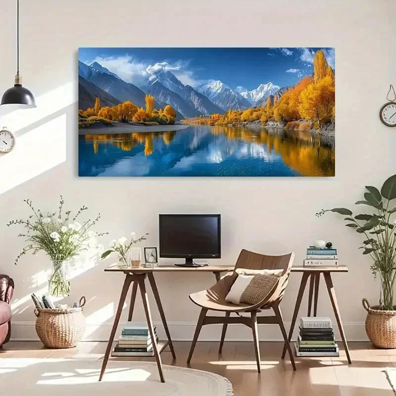 Serene Autumn Lake Snow Forest Wall Art Canvas Office Home Room Framed 120x60cm