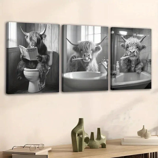 3pcs Highland Cows Bath Yaks, Gray White Buffalo Wall Art Set Canvas Framed 40x60cm - High Quality Print 100% Australian Made Wall Canvas Ready to Hang