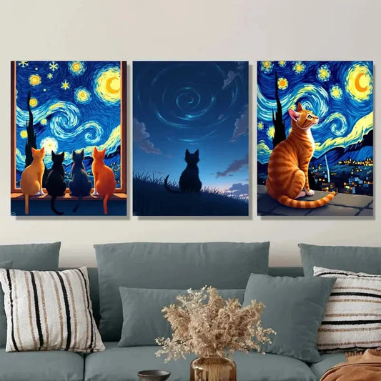 3pcs Starry Night Cat Orange Tabby & Silhouetted Metal Print Ready to Hang Art