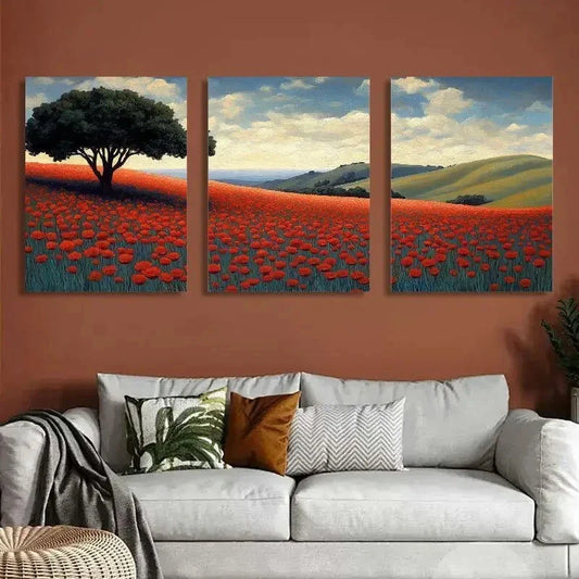 3pcs Elegant Poppy Field Triptych Red Metal Print Ready to Hang Art