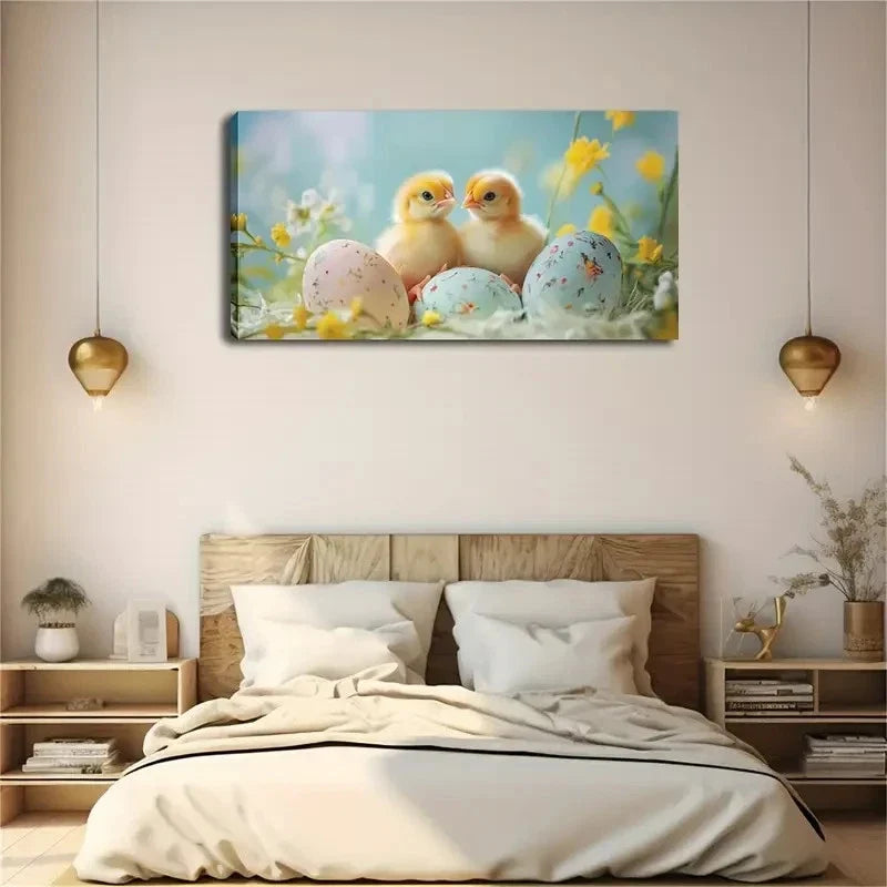 Two Fluffy Yellow Chicks Wall Art Canvas Office Home Room Framed 120x60cm.