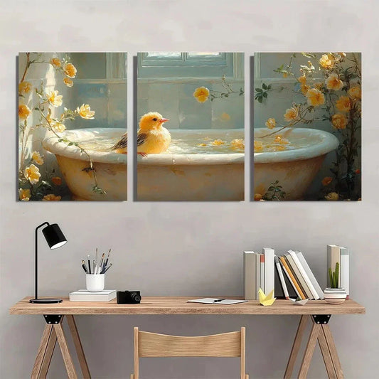 3pcs Vibrant Yellow Bird in Bathtub Metal Print Ready to Hang Art