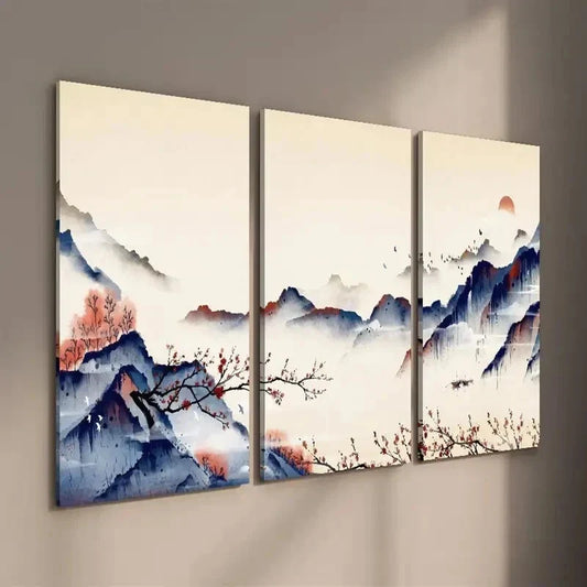 3pcs Chinese Painting of Mountains and Red Plums Wall Art Set Canvas Framed 40x60cm - High Quality Print 100% Australian Made Wall Canvas Ready to Hang
