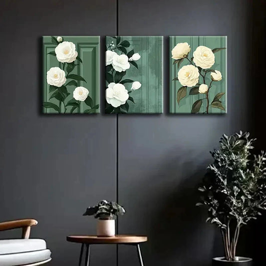 3pcs White Camellias in Full Bloom Perfect Wall Art Set Canvas Framed 40x60cm - High Quality Print 100% Australian Made Wall Canvas Ready to Hang