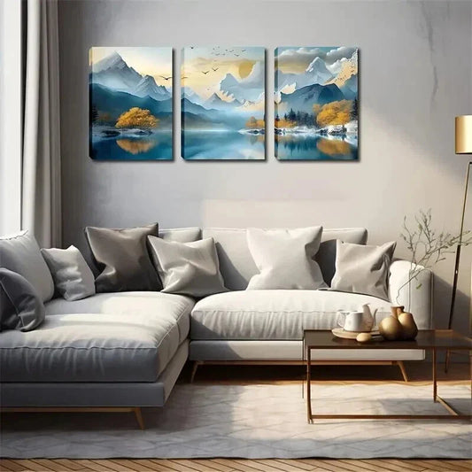 3pcs Mountains & Serene Lakeside Landscape Wall Art Set Canvas Framed 40x60cm - High Quality Print 100% Australian Made Wall Canvas Ready to Hang