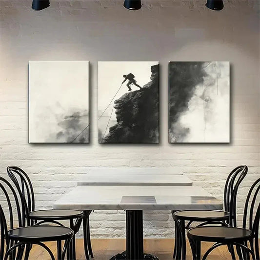 3pcs Monochrome Rock Climber Silhouette Perfect Wall Art Set Canvas Framed 40x60cm - High Quality Print 100% Australian Made Wall Canvas Ready to Hang