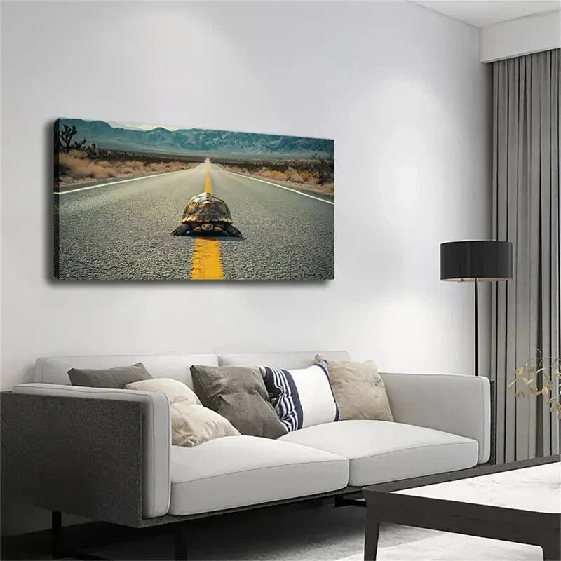 Turtle on Road with Yellow Line Wall Art Canvas Office Home Room Framed 120x60cm