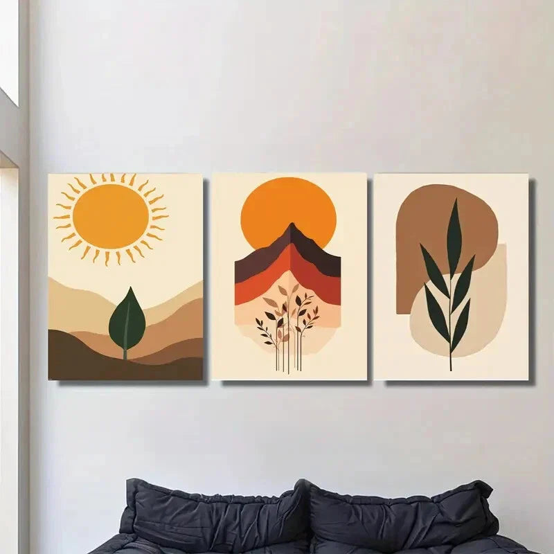 3pcs Modern Abstract Boho Sun, Mountains Metal Print Ready to Hang Art
