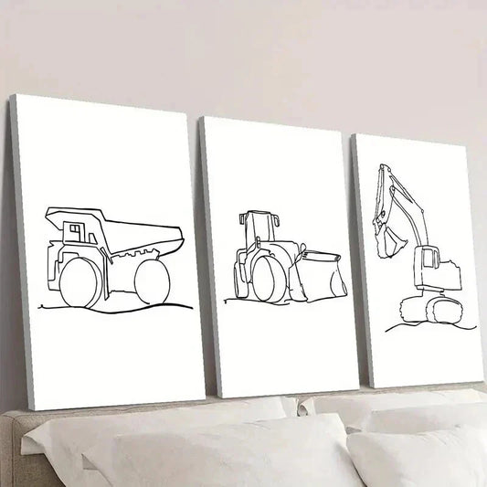 3pcs Road Roller Excavator & Dump Truck Wall Art Set Canvas Framed 40x60cm - High Quality Print 100% Australian Made Wall Canvas Ready to Hang