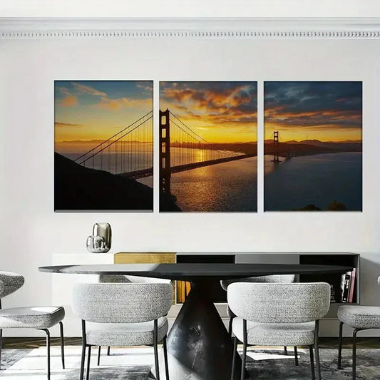 3pcs Golden Gate Bridge Vibrant Sunset Scenery Metal Print Ready to Hang Art