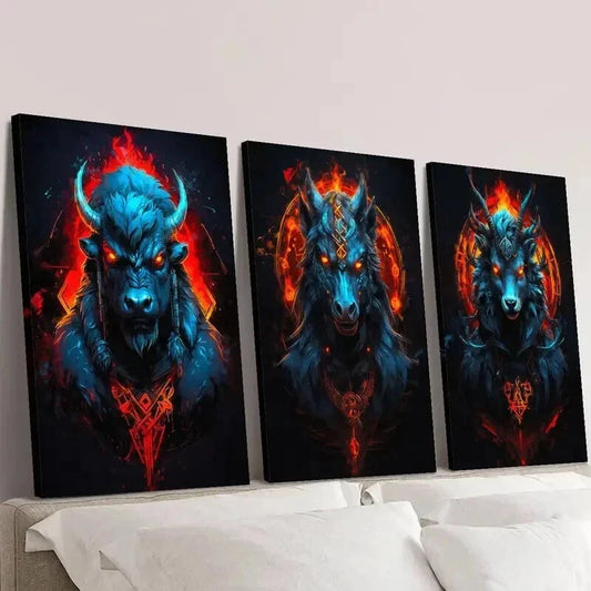 3pcs Ferocious Cattle Horse and Sheep Wall Art Set Canvas Framed 40x60cm - High Quality Print 100% Australian Made Wall Canvas Ready to Hang