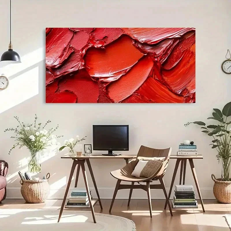 Vibrant Textured Abstract Red Wall Art Canvas Office Home Room Framed 120x60cm