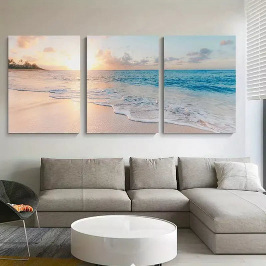 3pcs Elegant Nordic Sea & Waves at Sunrise Wall Art Set Canvas Framed 40x60cm - High Quality Print 100% Australian Made Wall Canvas Ready to Hang