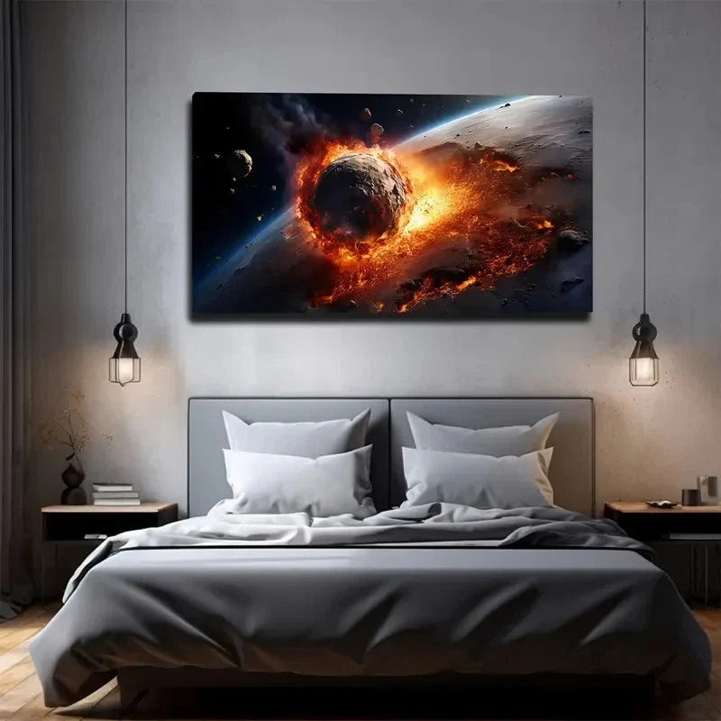 Dramatic Asteroid Impact Scene Wall Art Canvas Office Home Room Framed 80x45cm