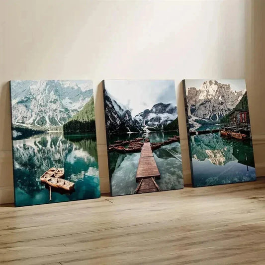 3pcs Mountain Lake Scenery with Canoes Wall Art Set Canvas Framed 40x60cm - High Quality Print 100% Australian Made Wall Canvas Ready to Hang