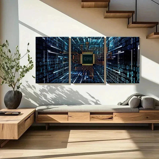 3pcs Technology with Chips CPU Internet Wall Art Set Canvas Framed 40x60cm - High Quality Print 100% Australian Made Wall Canvas Ready to Hang