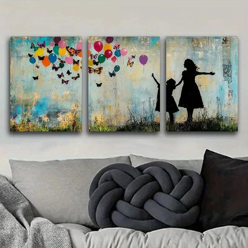 3pcs Little girl and butterfly balloon Metal Print Ready to Hang Art