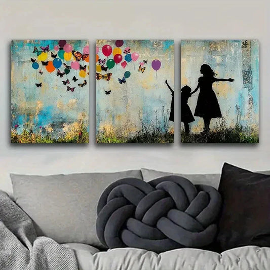 3pcs Little girl and butterfly balloon Metal Print Ready to Hang Art