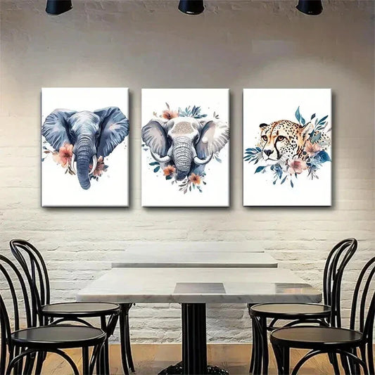 3pcs Elephants and Cheetah with Floral Perfect Wall Art Set Canvas Framed 40x60cm - High Quality Print 100% Australian Made Wall Canvas Ready to Hang