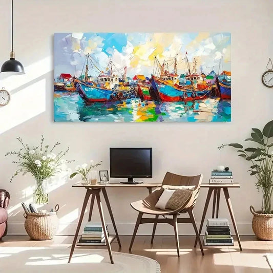 Vibrant Seascape Décor Boats Wall Art Canvas Office Home Room Framed 120x60cm