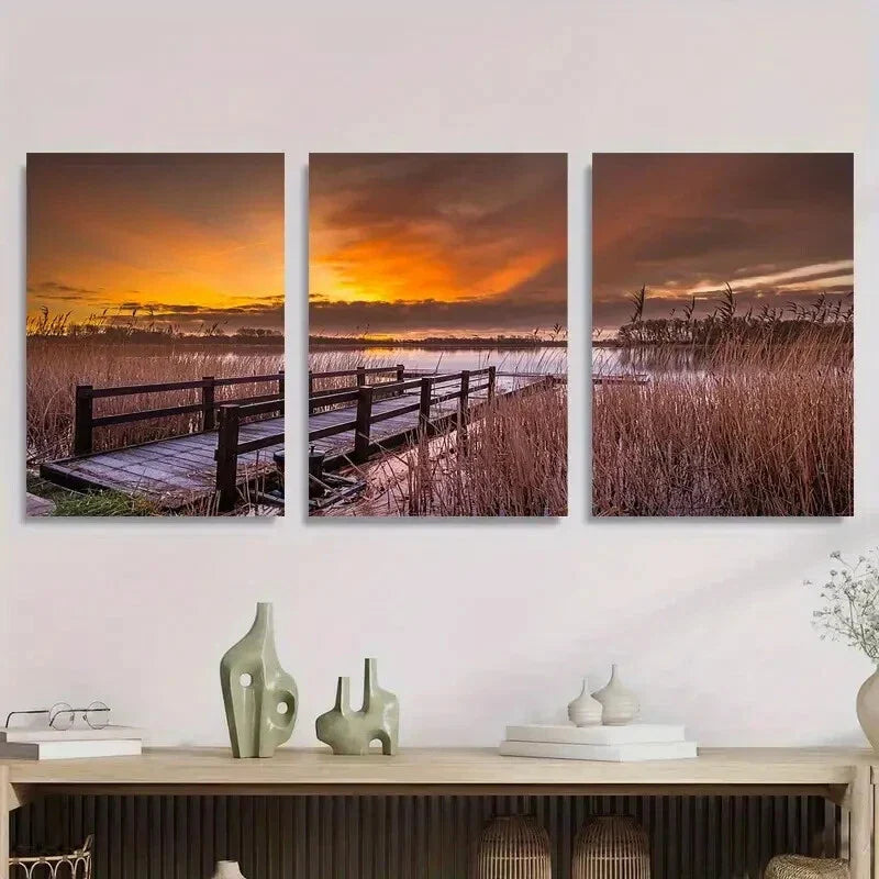 3pcs Tranquil Sunset Bridge Dock & Reed Grass Metal Print Ready to Hang Art