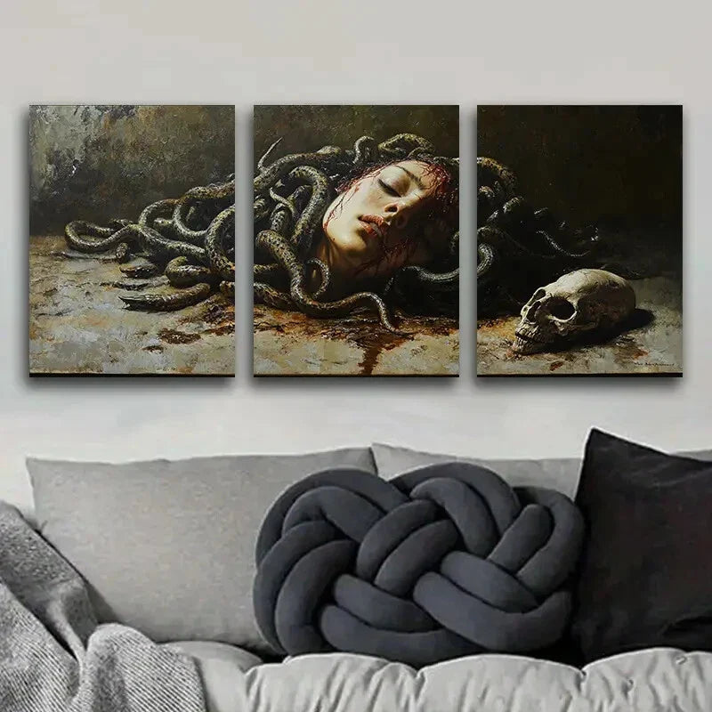 3pcs Medusa's Head Skull Waterproof Dark Wall Art Set Canvas Framed 40x60cm - High Quality Print 100% Australian Made Wall Canvas Ready to Hang