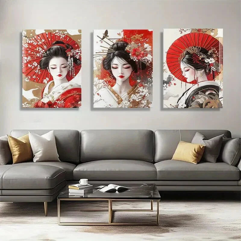 3pcs Women Red Umbrellas Elegant Geisha Perfect Wall Art Set Canvas Framed 40x60cm - High Quality Print 100% Australian Made Wall Canvas Ready to Hang