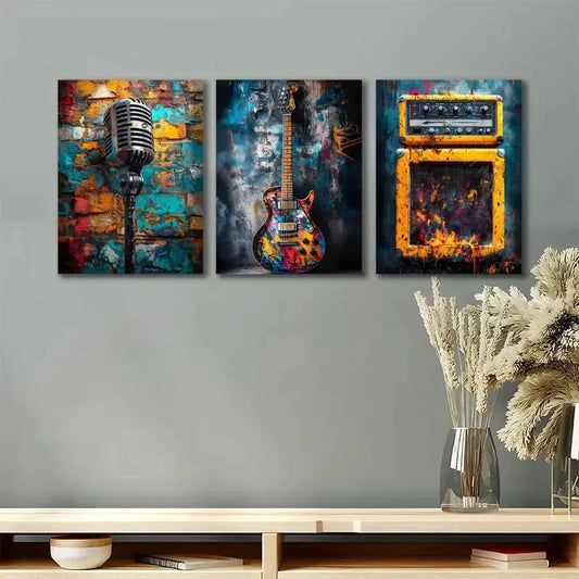 3pcs Musical Instruments Painting Guitar Metal Print Ready to Hang Art