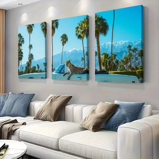3pcs Exotic Leopard in Paradise Wrapped Wall Art Set Canvas Framed 40x60cm - High Quality Print 100% Australian Made Wall Canvas Ready to Hang