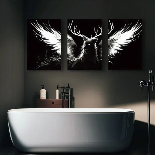 3pcs Black and White Corner Fantasy Creatures Metal Print Ready to Hang Art