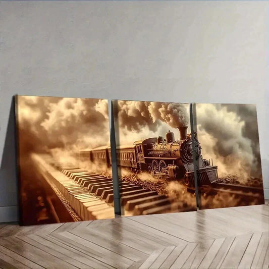 3pcs Steam Train on an Old Piano Wall Art Set Canvas Framed 40x60cm - High Quality Print 100% Australian Made Wall Canvas Ready to Hang