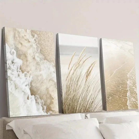 3pcs Seaside Plant Painting Beige Wavy Style Wall Art Set Canvas Framed 40x60cm - High Quality Print 100% Australian Made Wall Canvas Ready to Hang