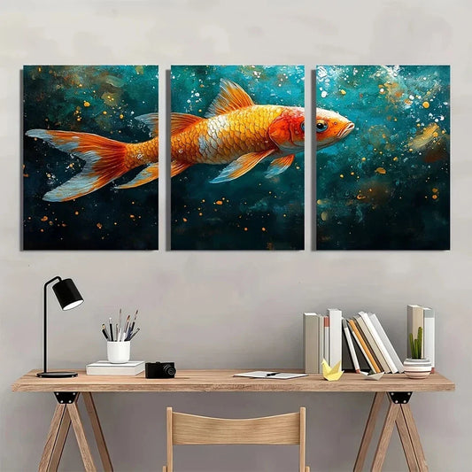 3pcs Mural Colorful Golden White Fish Metal Print Ready to Hang Art