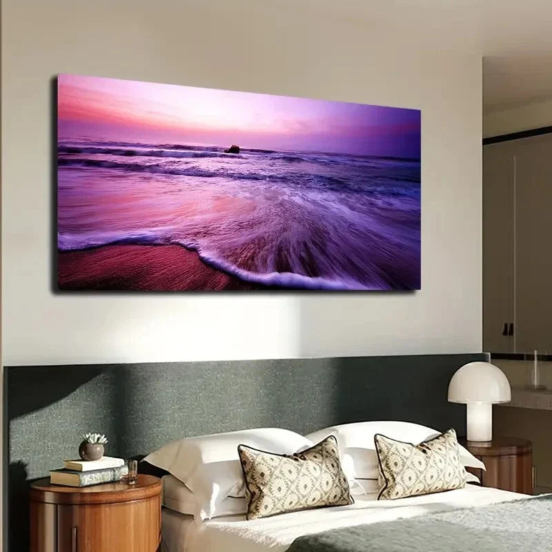Pink & Purple Sunset Ocean Wall Art canvas office home room framed 120x60cm