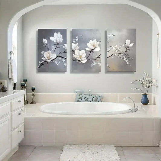 3pcs Elegant Floral White Magnolia Metal Print Ready to Hang Art