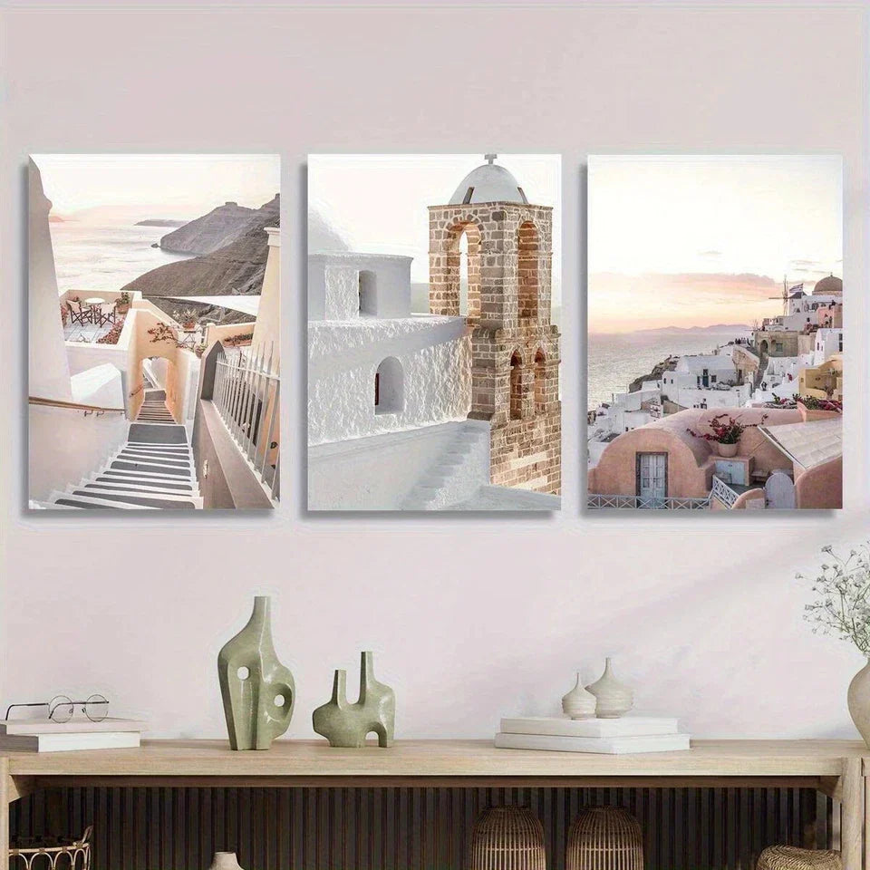 3pcs Santorini Beige Seaside Scenery Metal Print Ready to Hang Art