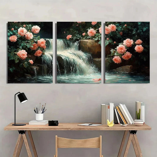 3pcs Serene Waterfall & Pink Roses Metal Print Ready to Hang Art