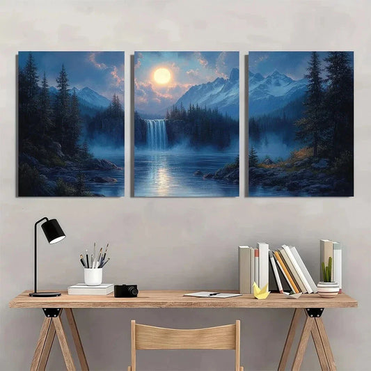 3pcs Moonlit River Mountain Waterfall Nature Metal Print Ready to Hang Art