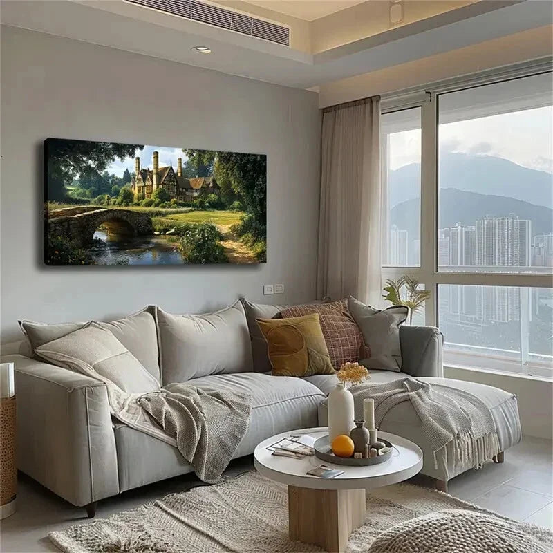 Country Manor Landscape Bridge Wall Art Canvas Office Home Room Framed 120x60cm