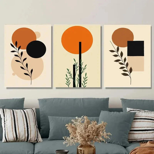 3pcs Modern Abstract Orange and Black Metal Print Ready to Hang Art