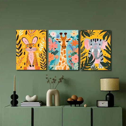 3pcs Vibrant Baby Animals Floral & Leaf Patterns Metal Print Ready to Hang Art