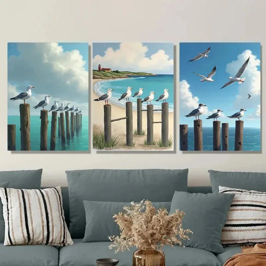 3pcs Modern Classic Beach Scene With Lighthouse Wall Art Set Canvas Framed 40x60cm - High Quality Print 100% Australian Made Wall Canvas Ready to Hang