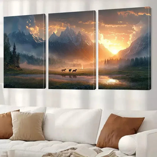 3pcs Aesthetic Running Horses and Sunset Wall Art Set Canvas Framed 40x60cm - High Quality Print 100% Australian Made Wall Canvas Ready to Hang