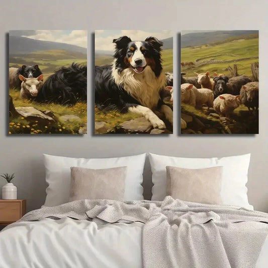 3pcs Sheepdog Herding Sheep Meadow Vibrant Animal Metal Print Ready to Hang Art