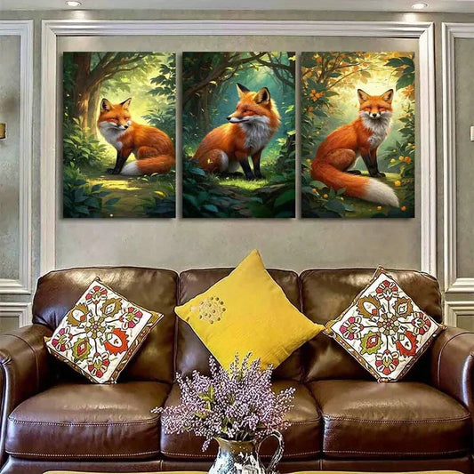 3pcs Vibrant Forest Scene with Foxes Metal Print Ready to Hang Art