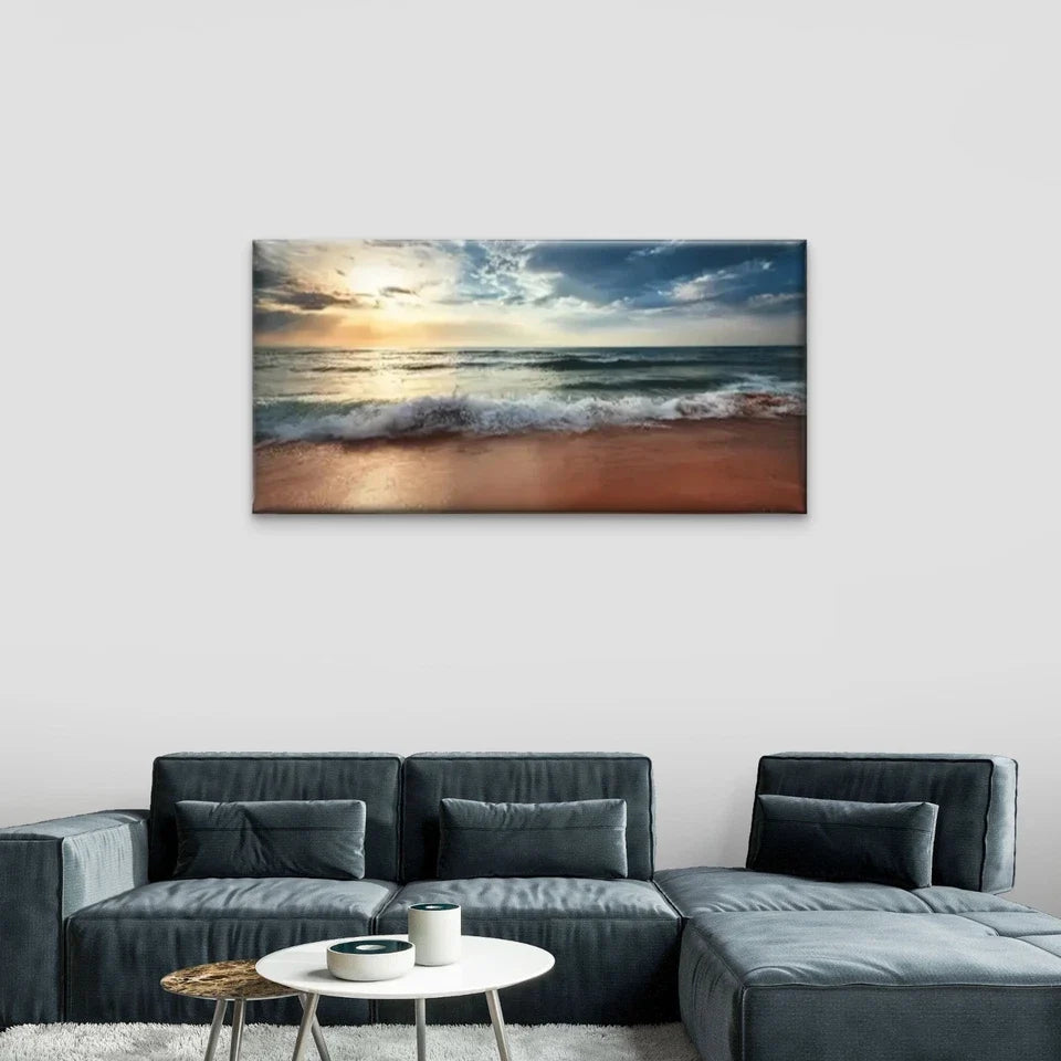 Sea Wave Ocean Sunset Wall Art Canvas Office Home Room Framed 80x45cm